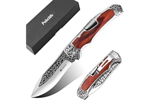 Poktlife Navaja Plegable,Acero Inoxidable de Bolsillo Navaja,Cuchillo Supervivencia con Mango de Madera,Navaja Caza Pesca,para Acampar, Picnic,Caza (Madera Roja)