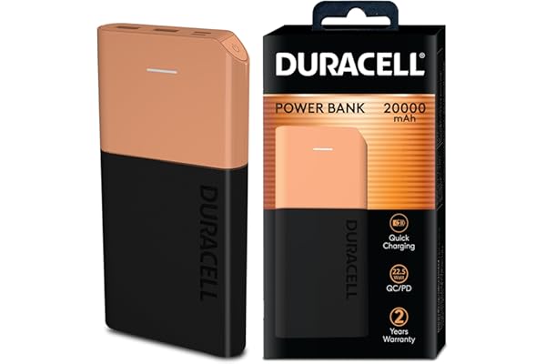 Duracell 20000 MAH Slimmest Power Bank with 1 Type C PD and 2 USB A Port, 22.5W Fast Charging Portable Charger to Charges 3 Devices Simultaneously for iPhones, Android Phones, Smart Watches & More