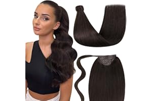 LaaVoo Extensiones 12 Pulgadas/30cm Wrap Around Cola de Caballo Pelo Humano #2 Marrón más Oscuro Remy Extensiónes de Coleta Pelo Castano Oscuro 70g Ligero Extensiones de Cabello de Cola Mujeres