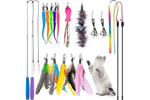 MEYDLL 18 Pièces Jouets pour Chat, Jouets Interactifs pour Chat avec Plumes, Baguette Rétractable pour Chat avec Teaser de Remplacement, Baguette Interactive Arc-en-Ciel pour Chat