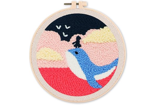 Figured'Art Punch Needle Kit Complet pour Adultes et Enfants - Baleine Bleue et Fillette - Parfait pour Débutant. Set prêt à broder taille 20x20cm avec cadre circulaire
