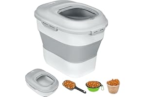 PawHut Conteneur à croquettes pour chien pliable 25L rangement hermétique pour nourriture avec couvercles hermétiques, roulettes, tasse, bol et cuillère, pour animaux de compagnie, gris