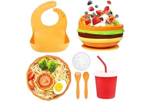 Unipampa 7-Stück Silikon Baby Geschirrset, Silikon Kindergeschirr Set Baby-Teller, Rutschfest Kinderteller mit Saugnapf, Teller Lätzchen Schüssel Löffel Gabel Baby Trinkbecher, BPA Frei (Hamburger)