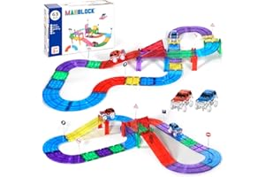 AQXONG 63Pcs Jouet de Bloc de Construction Magnétique de Course sur Piste, Jouets de Blocs de Construction Magnétiques, Bloc Magnétique Jouet avec LED Racing pour Enfants Convient pour 3+ Enfants