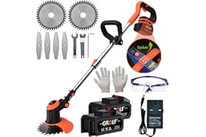 GROLF Cordless Strimmer with Power Display, 3-Level Speed Variable, Powerful Electric Garden Grass Trimmer Rechargeable Lightweight Yard Grass Cutter with Heavy Duty Metal Blade Battery and Charger