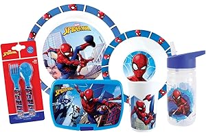 FUN HOUSE | Set Complet Boite Repas Spiderman Pour Enfant | 1 Verre + 2 Assiettes + Couverts + Gourde et Boite Goûter | Licence Officielle |Réutilisable et Micro-ondable |Marque Française |Idée Cadeau