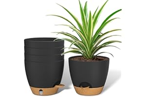 ZMTECH 15 cm Plant Pots with Drainage Holes Saucer Self Watering Planters with Watering Inlet Plastic Flower Pot for Indoor Outdoor Plants (Set of 5, Black)