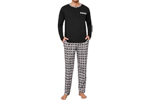 Jahetuul Pyjama Homme Hiver en Coton à Manches Longues Haut Col Rond avec Bouton et Pantalon à Carreaux Ensemble de Nuit Confortable et Respirant