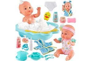 LINFUN KIDS 2 in1 Set di Accessori per Bambole Realistici Giocattoli per Neonato con Vestiti, Vasca da Bagno, Set da Bagno e Pappa per Bambola Bambole Gioco di Ruolo per Bambini 3 4 5 Anni