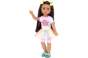 Glitter Girls 14 Inch Fashion Doll Kika, Brown Hair, Blue Eyes, Dolls | Poseable doll with ice-cream-themed outfit, rainbow skirt, pink leggings, glitter shoes, and 2 hair bows, Kika, 14, 3+ Years