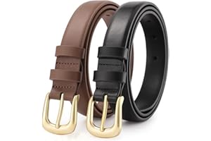 LUFFLOK 2 PCS PU Leather Belts, Brown Black Belt for Women and Man, Adjustable Ladies Leather Belts Gold Buckle, Fashion Leather Ladies Thin Waist Belt