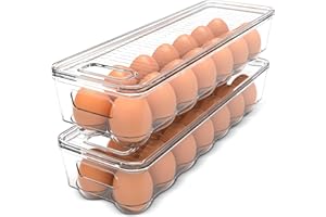 KICHLY Huevera para Frigorífico con 14 Espacios y Tapa, Asa de Plástico - Bandeja para Huevos (Pack de 2)