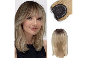BUYOGET Balayage Blonde Hair Topper Clip in Hair Pieces for Woman Straight 14 Inch Clip in Toppers with Fringe for Thinning Hair