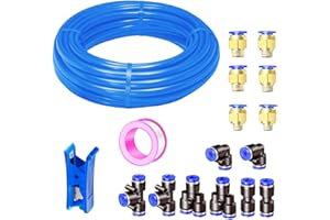 HAXIHA 10 Meter Bleu Pneumatique Tuyau Air Comprimé,Polyuréthane PU Air Tuyau Kit 12mm OD x 8mm ID 32.8ft,avec 14 Connecteur Pneumatique (Y/T/L/I)