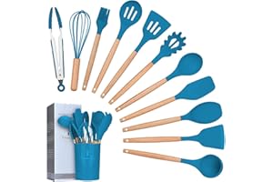 Ustensiles de Cuisine,Lychee 12PCS Kit d'Ustensiles de Cuisine en Silicone et Bois, Ustensiles Cuisine Antiadhésive Set avec Pot de Rangement,Silicone de qualité Alimentaire (Bleu Foncé)
