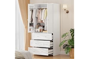 ‎VOWNER VOWNER Wardrobe, 2 Cupboards, Wardrobe with Lots of Storage Space, Versatile Sliding Door Wardrobe with 3 Drawers, Bedroom Cabinet, for Bedroom, White, 80 x 180 x 48 cm (W x H x D)