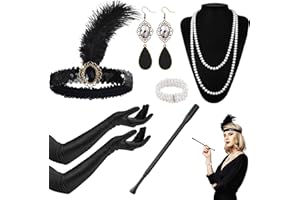 Alviller 1920s Flapper Accessories Set, 1920 Great Gatsby Charleston Costume with Headband Pearl Necklace Bracelet Earrings Black Long Gloves Vintage Lace Fan for Women Girls 20s Theme Party