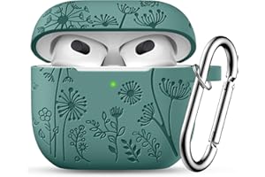 Ouwegaga Flower Engraved Case for Airpods 3rd Generation Case, Soft Silicone Shockproof Protective Cover Compatible with Apple Airpods 3 Case Cover 2021, with Carabiner [Front LED Visible], Pinegreen