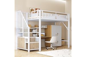 ‎MERAX Merax Hochbett aus Metall 90 x 200 cm, Multifunktionales Hochbett für 1 Person mit Stauraumfach und Aufbewahrungstreppchen, Weiß (ohne Matratze und Sofa)