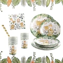 Kit De Vaisselle Jetable Jungle Safari 41 Pièces - Assiettes, Serviettes, Nappe - Idéal Baby Shower, Anniversaire Garçon, Noël, Fêtes Enfants - 9