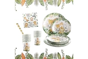 MACLUNAR Dschungel Safari Partygeschirr Set,Junge Einweggeschirr Set 100 Stück Papier Teller Tassen Servietten Strohhalme für Wild One Kindergeburtstag Geburtstag Deko Babyparty