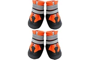 AMOMYDOG Scarpe per Cani, Set di 4 Stivali per Cani Impermeabile, Scarpe Cane con Cinturini Riflettenti e Suola Antiscivolo per Protezione le Zampe per Cani (S, Arancione)