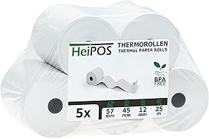 HeiGroup - HeiPOS 5x rotoli termici BPA free (W/Ø) 57mm / 45mm - lunghezza 25m, anima Ø 12mm, peso 52 g/m2, spessore 60 µm, durata di conservazione 10 anni