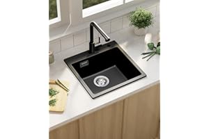 Sofetiy Spülbecken Schwarz Granit, Spüle 45x45cm, Küchenspüle Mit Siphon, Waschbecken Küche Rechteckig, Einbauspüle Mit 2 Hahnlöcher, Granitspüle 1 Becken, Reinigungsfreundliche