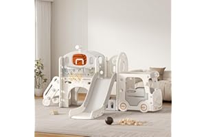 VUECER Tobogán para Niños Pequeños con Escalera: Zona de Juegos Interior y Exterior con Caja de Almacenamiento Túnel Escalera Aro de Baloncesto y Zona de Paso Tobogán de Jardín (Star Set-G-Gray)