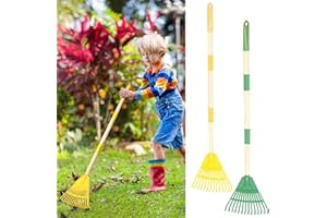 CAFFNEY 2Pcs Kids Rakes for Leaves,33.9in Adjustable Lawn Rake with Detachable Wood Handles,Kids Garden Tools Toy Gifts Suitable Boys and Girls For Flower Beds Mulch Shrub (YELLOW GREEN)