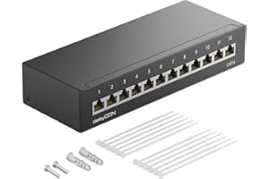 deleyCON CAT 6 Patch Panel Krosownica 12 Portów 1U Montaż na Biurku i Ścianie Ekranowany 12x Gniazdo RJ45 LAN Kabel Instalacyjny Sieci LAN TIA568A TIA568B RAL 9005 Czarny