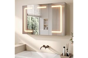 ‎SONNI SONNI Spiegelschrank mit Beleuchtung 90x60 cm, 3 Türen LED Spiegelschrank Bad mit Anti-Beschlag, Steckdose, 3 Lichtfarben, Dimmbar, Vollständig Montiert