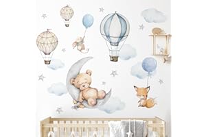 Little Deco Niedźwiedź na księżycu naklejka na ścianę zwierzęta do pokoju niemowlęcego tatuaż ścienny balon na gorące powietrze do pokoju dziecięcego naklejka ścienna samoprzylepna DL850-5