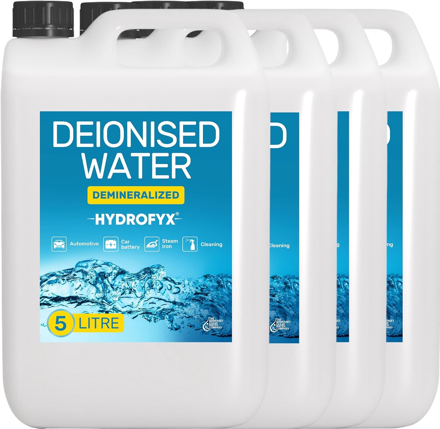 HYDROFYX 20L (4 x 5L) Deionised Water – Demineralised, Low Conductivity – Fast Dispatch – For Irons, Steam Cleaners, Car Batteries, Radiators & Cleaning