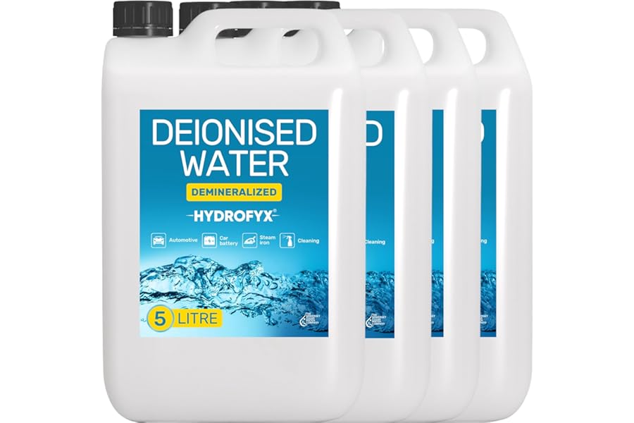 HYDROFYX 20L (4 x 5L) Deionised Water – Demineralised, Low Conductivity – Fast Dispatch – For Irons, Steam Cleaners, Car Batteries, Radiators & Cleaning