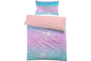 MUSOLEI Set di biancheria da letto a forma di sirena per ragazze Copripiumino 135 x 200 cm con Cerniera Lampo e 1 Federa da 50 x 80 cm Graziosa decorazione per la cameretta dei bambini Ottimo Regalo