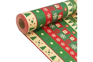 DOJOYKEY Rollo de papel para envolver regalos para Navidad: papel de regalo Kraft con patrón festivo rojo y verde de 43 cm x 15 m, papel navideño para envolver regalos