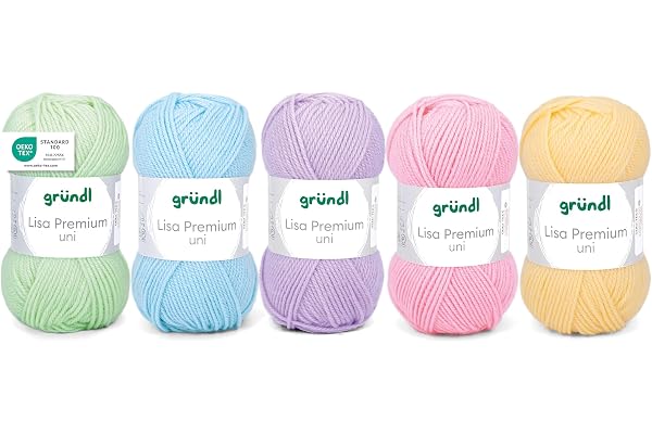 Gründl Laine Lisa Premium uni - Fil pour tricoter - Fil à crocheter - Doux et agréable pour la peau - 100% polyacrylique 5 pelotes 50 g / 133 m - Taille d’aiguille 3,5-4,5 -Vert-Bleu-Violet-Jaune