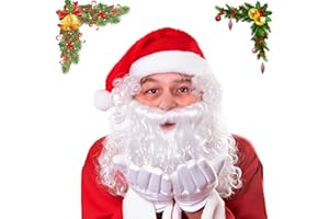 Mino Plus Juego de pelucas y barba de Santa,Peluca y Gorro y Barba Papa Noel Adulto,Gafas,guantes,Perfectos para Fiestas de Cosplay Navideñas