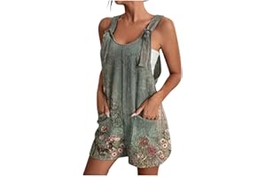 BTBDYDH Jumpsuit Damen Kurz Baumwolle Leinen Latzhose Damen Farbverlauf Kurz Tank Rompers Knopfleiste Overalls Ärmellos Rundhalsausschnitt Elegant Playsuit mit Taschen Verstellbare Riemen