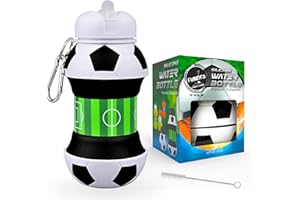 FunKitZ by AToZ UK Bouteille d'eau pour enfants – Bouteilles d'eau de sport pour enfants – Bouteille pliable en silicone pour enfants – Sans BPA, étanche et durable – 550 ml, Gourde Football - Blanc