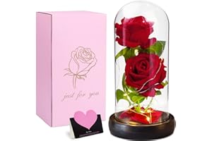 VIPNAJI La Bella e La Bestia Rosa Eterna,Regali, Rosa Stabilizzata in Cupola di Vetro con ​Base Pino con LED Light, Kit di Rose, Decorazioni,Regali per Donne,Mamma,Fidanzata,Anniversario,Matrimonio