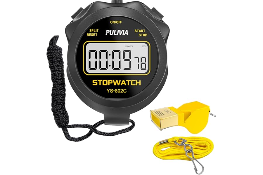 PULIVIA Stopwatch Timer Only Stopwatch Mode with Whistle, ON/OFF Silent Large Display Simple Operation, Digital Stop-watch for Sports Coaches PE-teachers Referees, Black