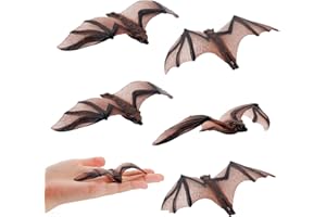 GW BOX 5 Pcs Halloween Decoration Bats, Realistic Flying Bat Animal Figurines Fruit Bat Decorative Scary Rubber Bats for Halloween Party Decoration Cake Topper