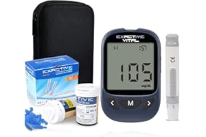 HARPIMER Glucometro, Medidor de Glucosa en Sangre, Glucosa en Sangre Kit, Diabetes Kit de Prueba de Azúcar en Sangre con 50 Tiras de Prueba y 50 Lancetas Exactive VITAL-mg/dL