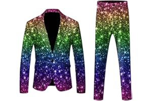 Qmfvqi Anzug Herren 2 Teilig Sets Disco Outfit Glitzer Sakko Jacke und Hose Regenbogen Druck Anzüge für Discokugel Party Karneval Kustüm Hochzeit Mottoparty Disco-Anzug 80er Jahre Outfit
