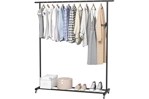 GENERIC Buzowruil Standard Rod Simple Rolling Metal Clothing Rack Garment Rack Organizer Freestanding Hanger with Wheels,Black
