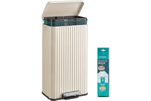 SONGMICS Kosz na Śmieci, Stalowy, 30 L, z Wewnętrznym Wiaderkiem | 33,6 x 29,8 x 59,5 cm, do Kuchni, Beżowy, Kolekcja PATIA LTB330LZ02