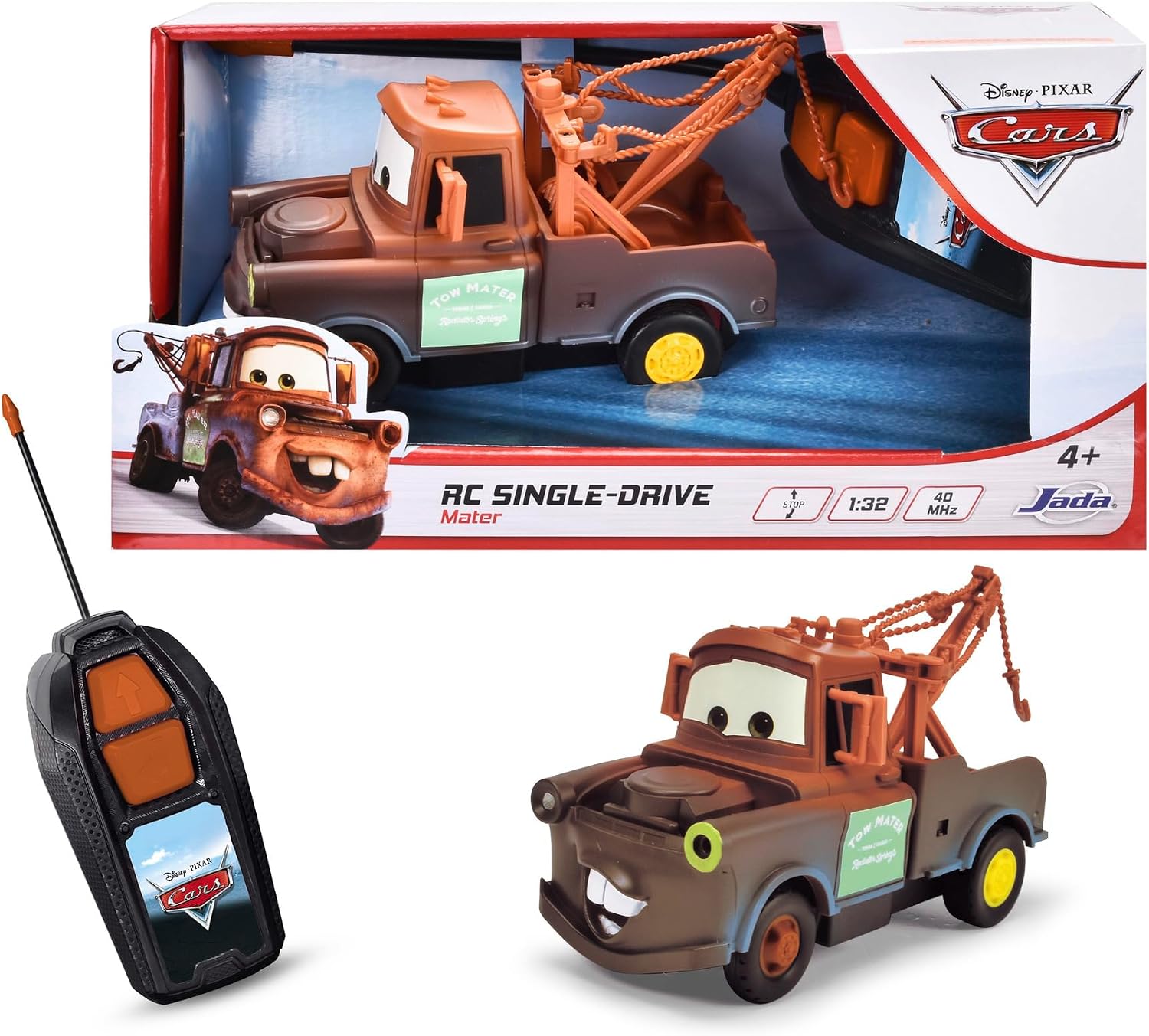 Jada Toys - Coche Radiocontrol Cars Mater, Escala 1:32, 27 MHz, Alcance 10 m, Función Adelante Recto y Atrás en Curva, 14 cm, para Niños +4 Años (203081009)