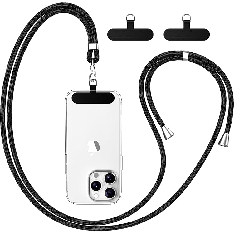 Coiwxmoi Mobiele telefoonband, universeel, om te hangen, koord, koord met universele patch, telefoonkoord met robuuste haken, compatibel met alle smartphones, afneembaar, zwart